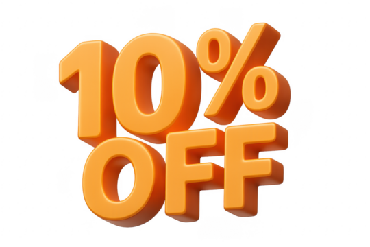 3d rendering of ten percent off orange sign on transparent background