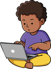 Child sitting cross-legged using laptop focused on screen digital technology education learning vector illustration 