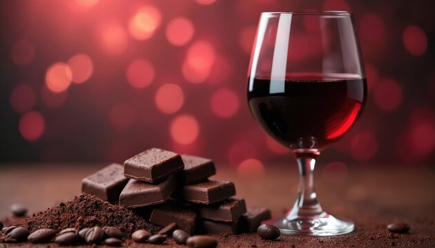 Glass of ruby red wine paired with dark chocolate squares, coffee beans. Rich, warm, aromatic dessert treat. Subtle bokeh background with warm red lights. Food photography emphasizing texture,