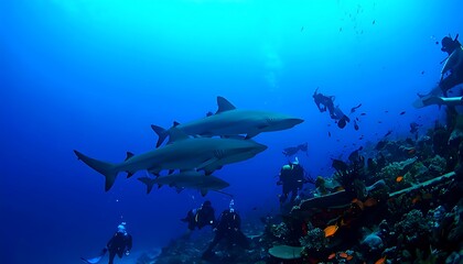 Sharks and divers explore a vibrant underwater world.