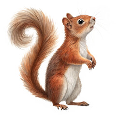 A red squirrel standing on its hind legs, looking up, isolated on transparent background