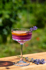 Bright cocktail or lemonade served in elegant crystal glass on wooden table against of a green summer garden. Purple color drink with lavender herb flowers and slice of lemon, closeup
