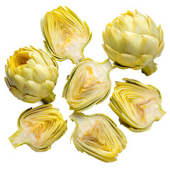 flat lay of several trimmed artichoke hearts on white background
