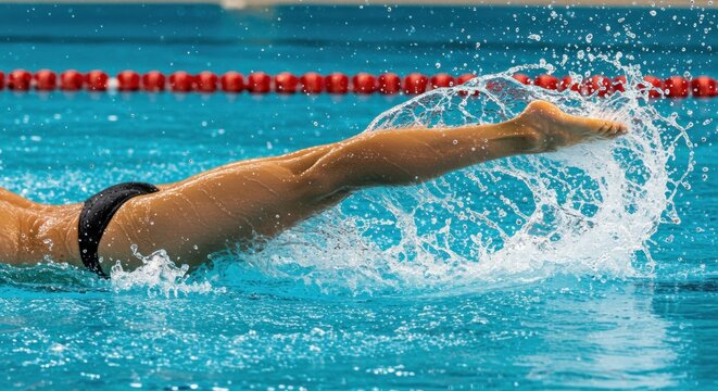 Woman swimming freestyle legs kicking creating a splash