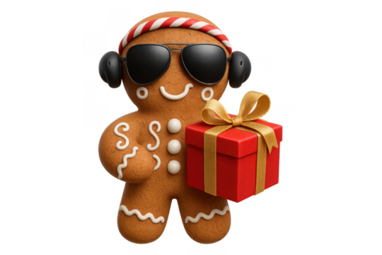 Cool gingerbread man wearing sunglasses and headphones holding a christmas gift on transparent background