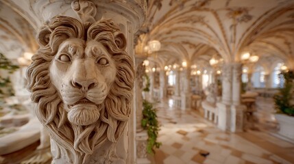 Elegant Lion Sculpture in Ornate Palace Hall with Gold Accents and Arched Ceiling