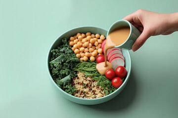 A bowl with kale, quinoa, chickpeas, radishes and tomatoes being drizzled with a tan colored sauce