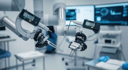 Surgical robot endeffector articulation calibration with digital micrometers and rotational angle detectors in a clinical technology lab.