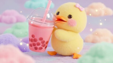 Adorable fluffy duckling enjoys sweet bubble tea in a pastel fantasy world - Powered by Adobe