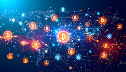 Global cryptocurrency network map, showing interconnected bitcoin symbols over a world map, with vibrant color schemes and glowing network connections.