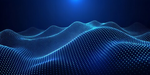 Abstract glowing blue digital wave pattern of interconnected dots and lines creating a futuristic network structure on a dark background, representing data flow and technology