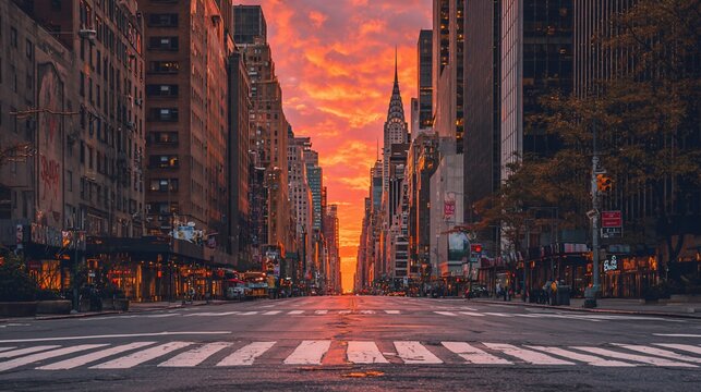 Empty City Street at Sunset with Skyscrapers and Empire State Building