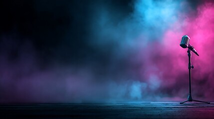 Empty Microphone on Stage with Colorful Smoke and Spotlights for Live Performance or Event Promotion