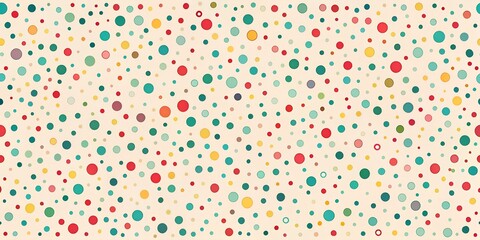 A seamless, repeating pattern of colorful dots and geometric shapes in various sizes scattered across a light cream background, creating a cheerful and playful abstract design