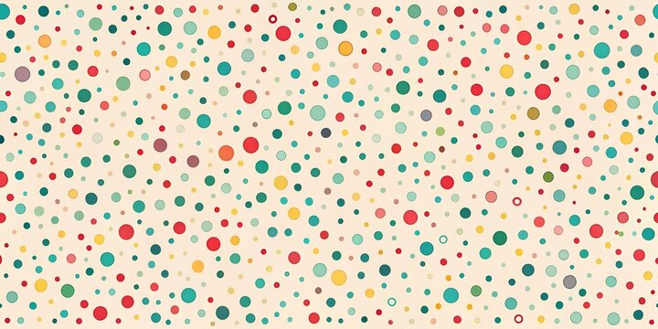 A seamless, repeating pattern of colorful dots and geometric shapes in various sizes scattered across a light cream background, creating a cheerful and playful abstract design