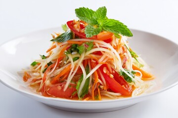 Freshly prepared papaya salad garnished with mint leaves served on a white plate in a bright kitchen setting