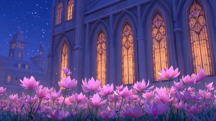 Enchanting Night Scene of Pink Lotus Flowers in Front of a Gothic Cathedral with Illuminated Windows and Starry Sky