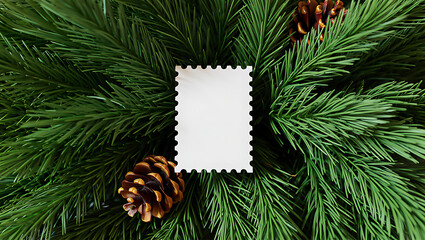 Blank tag among evergreen branches with pinecones