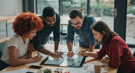 Diverse team of professionals collaborating on a project at a table in a modern office setting