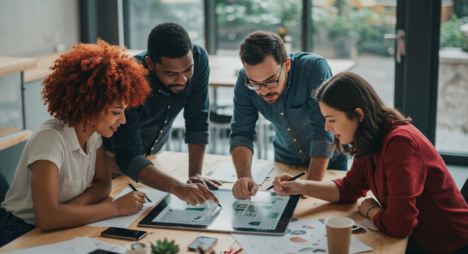 Diverse team of professionals collaborating on a project at a table in a modern office setting