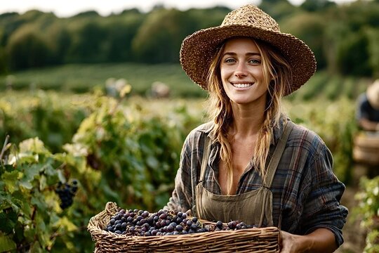 Female farmer holding basket of grapes in vineyard during harvest - Powered by Adobe