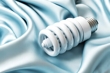 A compact fluorescent lightbulb resting on a soft blue satin fabric with gentle folds and highlights