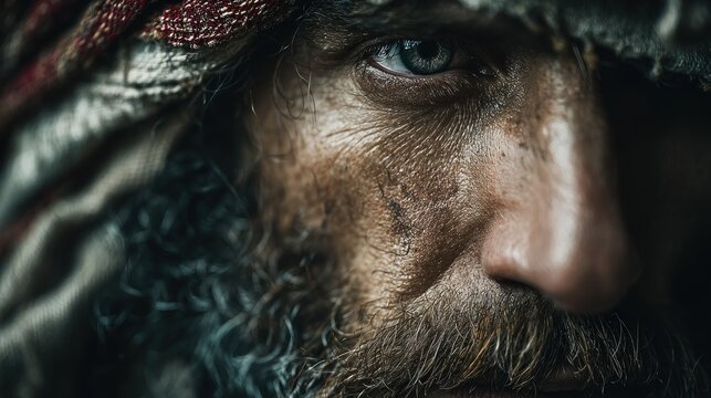 Intense portrait of a man with weathered skin and piercing eyes staring