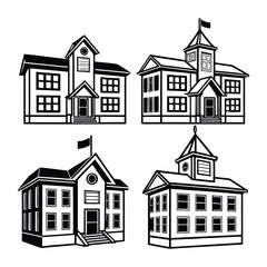 Collection of four detailed black and white hand drawn illustrations of historic school buildings with architectural elements like towers and flags representing education and learning