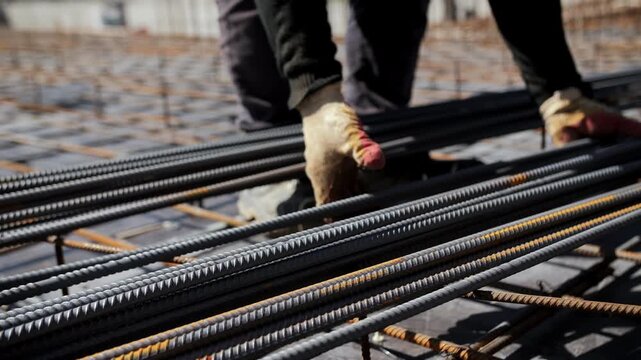 Worker placing steel rebars on construction site