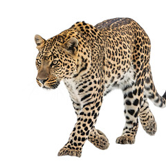 Fototapeta premium A leopard walks forward isolated on transparent background