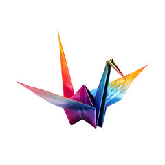 Colorful origami paper crane folded with vibrant gradient colors isolated on transparent background