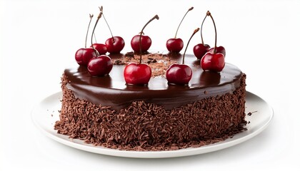 a decadent chocolate cake with cherries and chocolate shavings isolated on white background