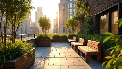 Fototapeta premium Rooftop urban oasis features green space with seating and plants. Modern city landscape offers sunlight, foliage, and panoramic views. Sustainable plants creates serene relaxation spot.