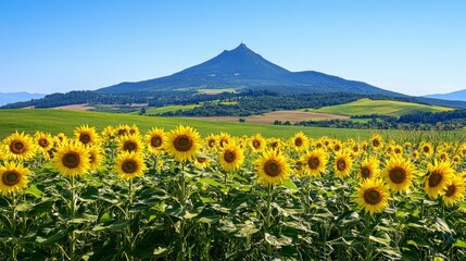 Fototapeta premium large rocky mountain, sunflowers around it generative ai