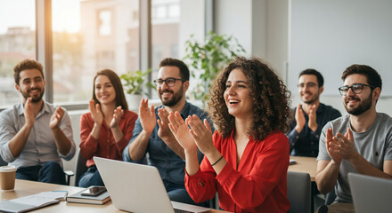 A diverse group of professionals applauding during a business meeting, celebrating success and achievement in the office
