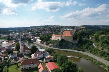 Ledec nad Sazavou castle and surroundings captured in aerial panoramic view