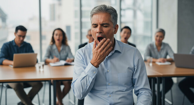 Middleaged businessman yawning during a meeting, looking tired and bored