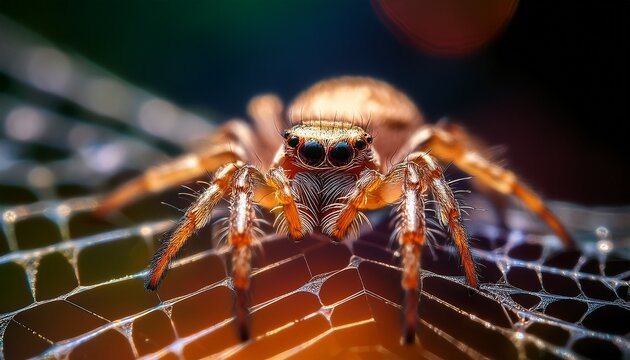 close up of a tiny fuzzy spider on a web