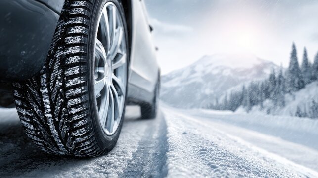 Premium photo of winter tire on snow and ice road advertisement for safety and background.