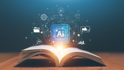 AI education concept with glowing chip above open book. Symbolizing digital transformation....