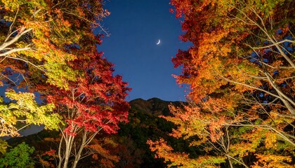 Autumn foliage illuminated at night under a crescent moon.
