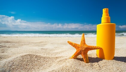 a vibrant yellow sunscreen bottle rests on sandy beach alongside a starfish capturing summer vibes and beach essentials