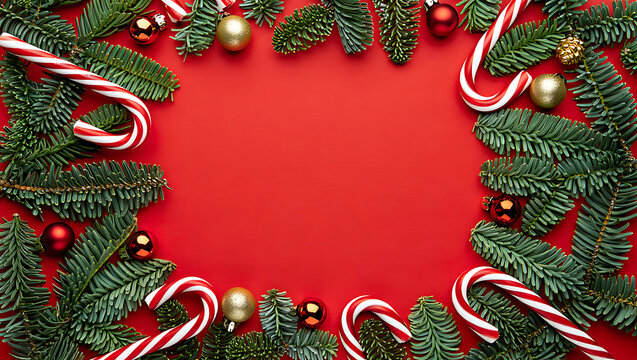 Festive Christmas background with candy canes and greenery
