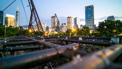 Obraz premium A twilight cityscape view is framed by a network of dark metal support structures, showcasing urban development amidst a parklike setting.