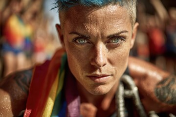 Obraz premium Intense close-up portrait of a person with blue hair and a pride flag.