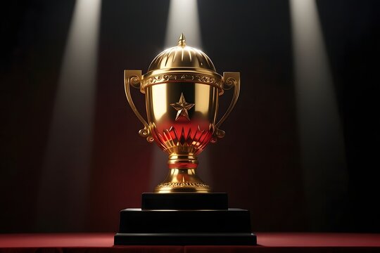 Golden Trophy Illuminated by Spotlights on Red Carpet
