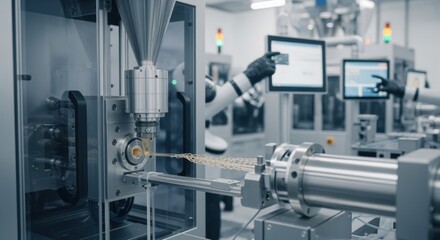 Fototapeta premium Highresolution image of a biodegradable polymer stent extrusion line controlled remotely for consistent quality in environmentally friendly implant fabrication.