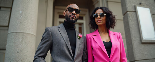 Stylish black couple outdoors, exuding urban elegance. Man wears grey suit, turtleneck, pink boutonniere accentuating look. Woman sports vibrant pink blazer, sunglasses. Fashionable outfits,