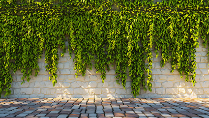 Green ivy covered stone wall background texture
