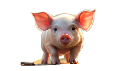 A cute baby piglet with large ears and a pink snout, looking forward with an innocent expression, isolated on transparent background